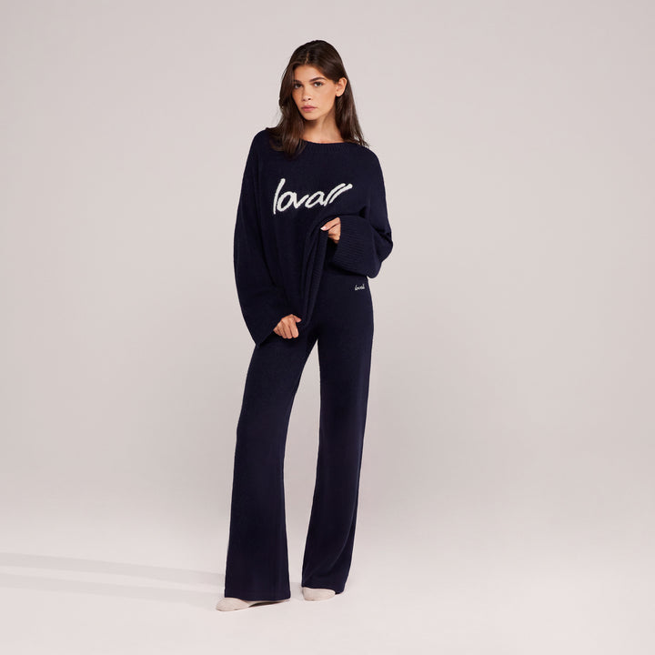 Alpaca Knit Wide Leg Trousers - Navy