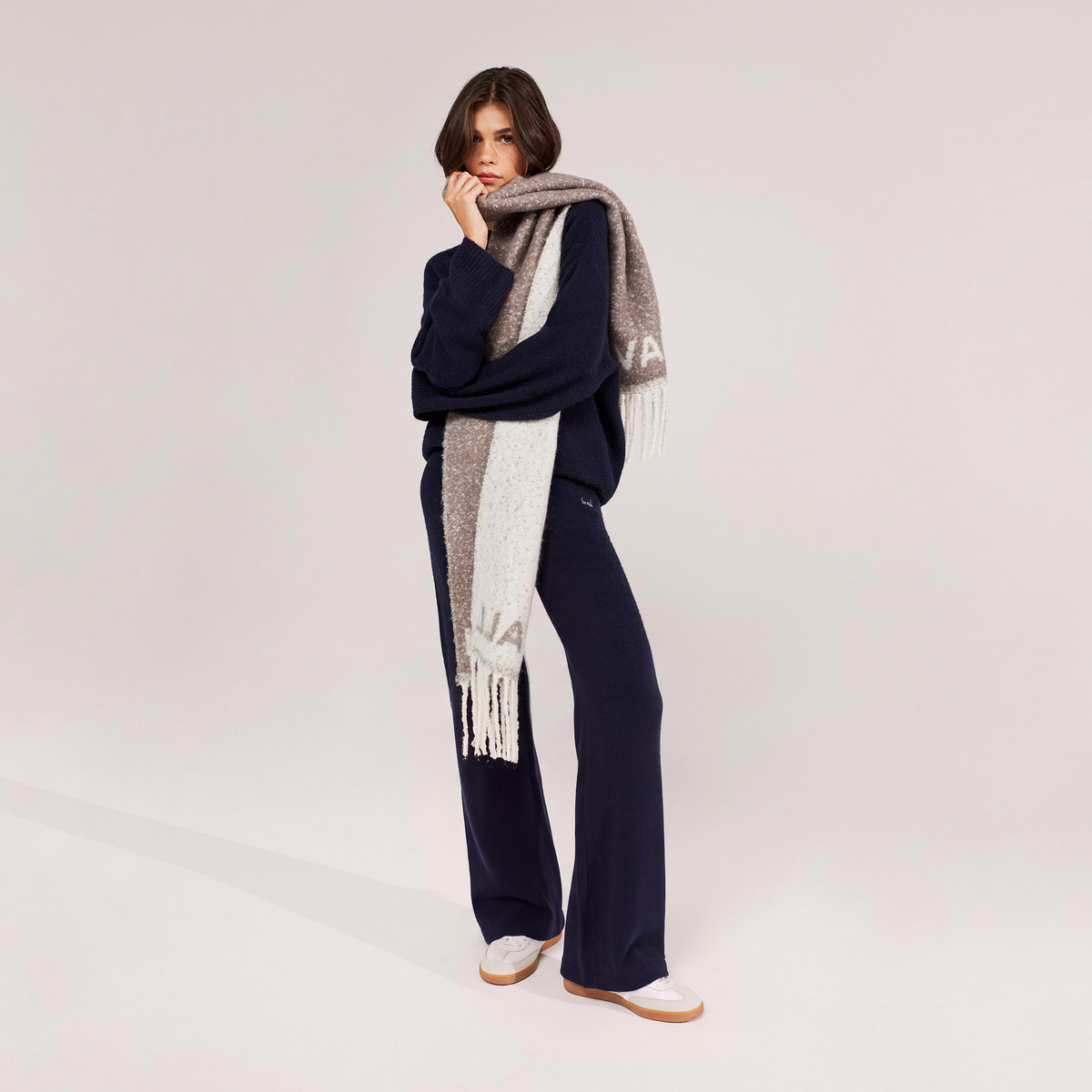 Alpaca Knit Wide Leg Trousers - Navy