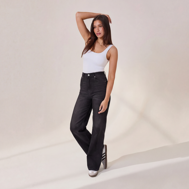 Wide Leg Jeans - Washed Black