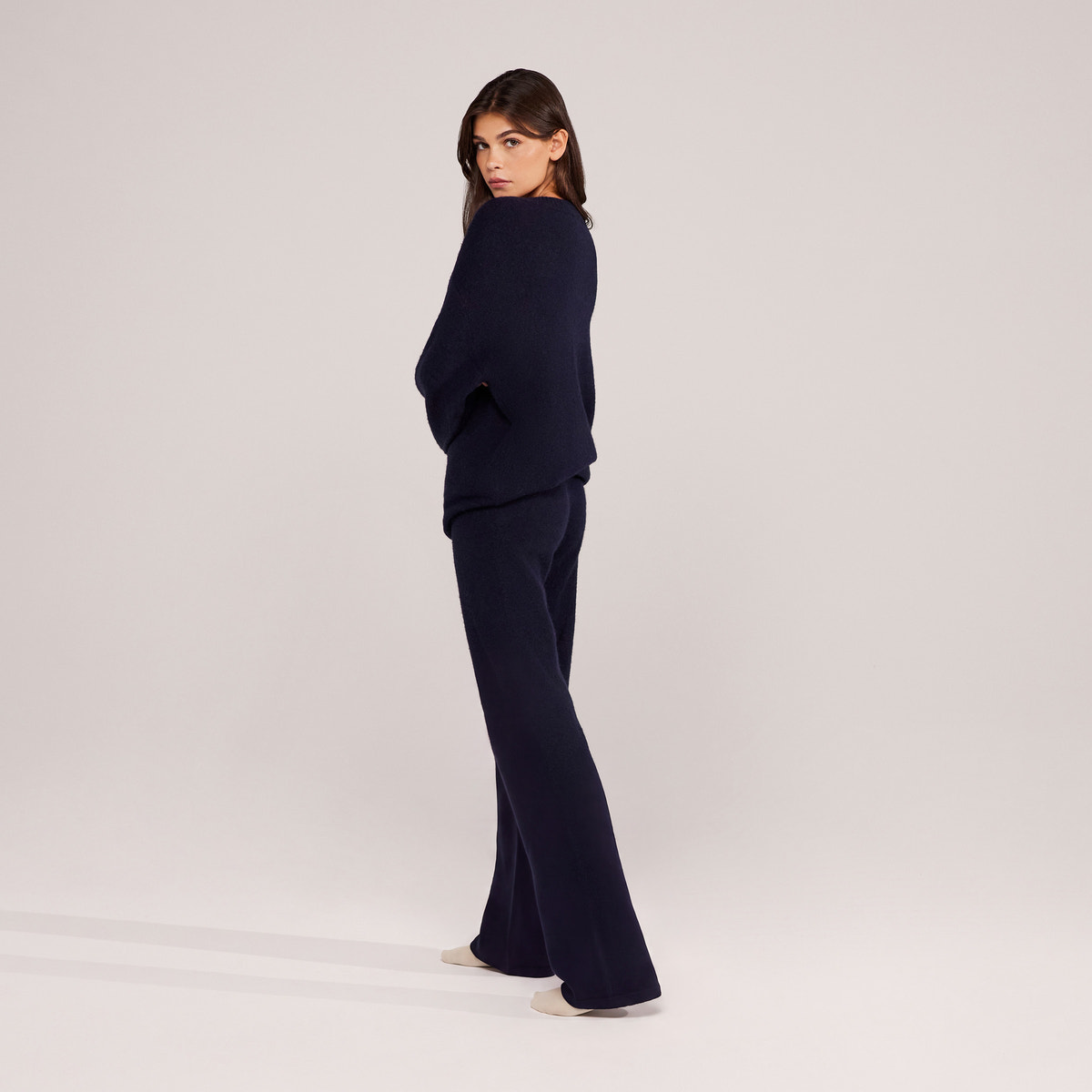 Alpaca Knit Wide Leg Trousers - Navy