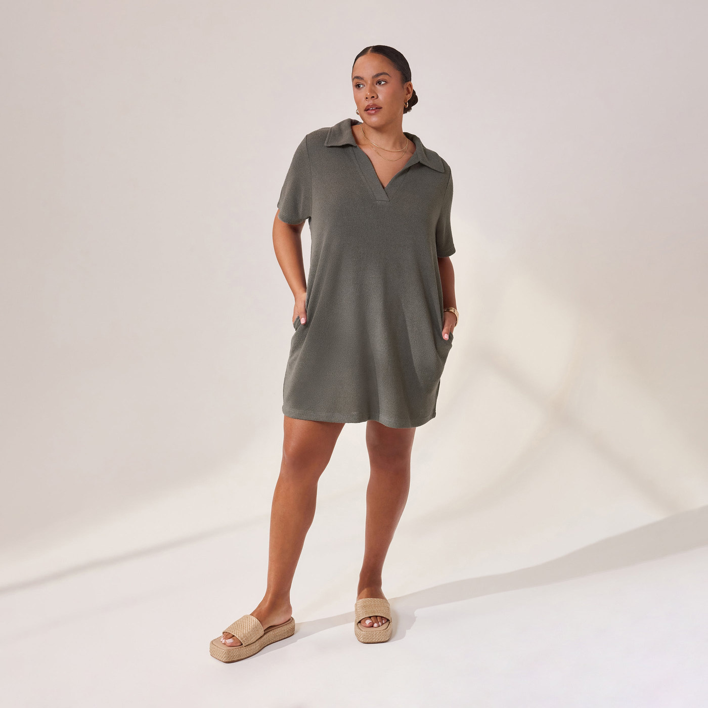Lightweight Collared Knit Dress - Slate Green