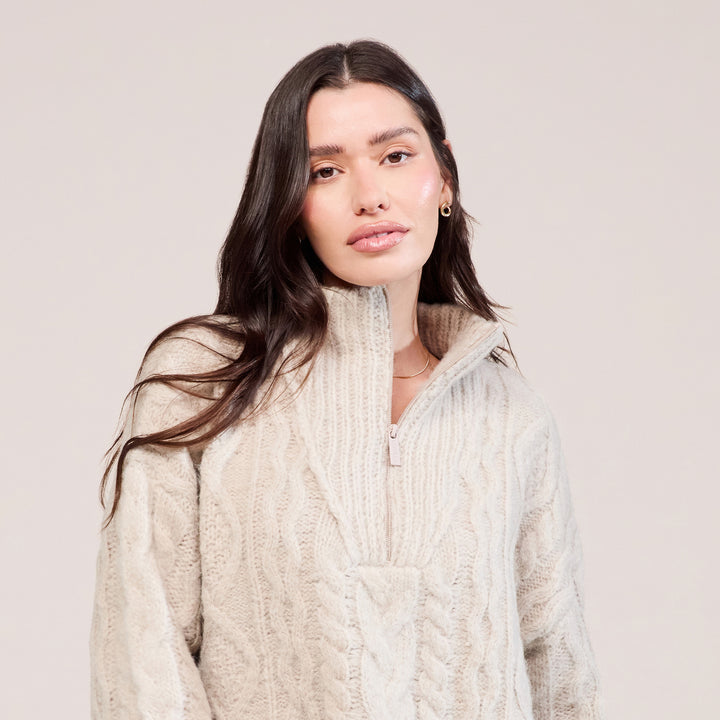 Cable Knit 1/4 Zip Jumper - Beige