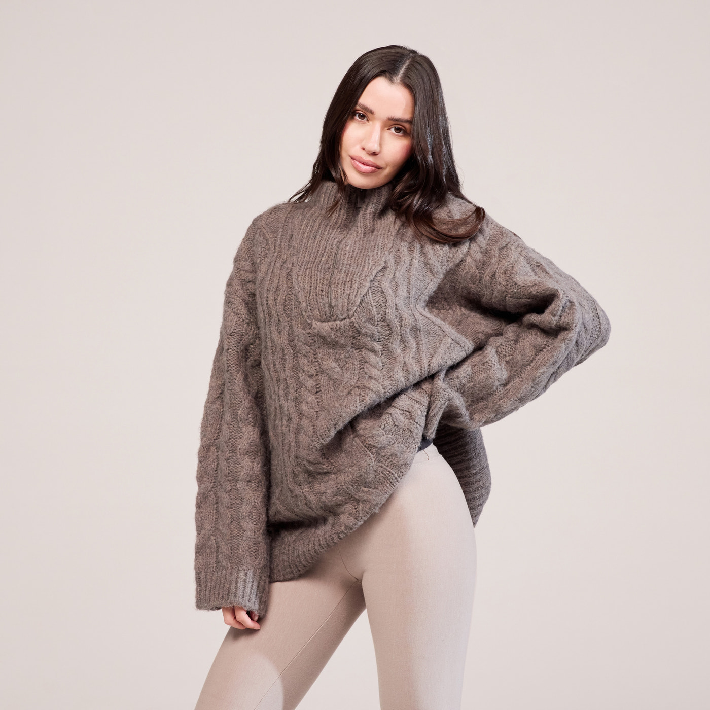 Cable Knit 1/4 Zip Jumper - Mocha