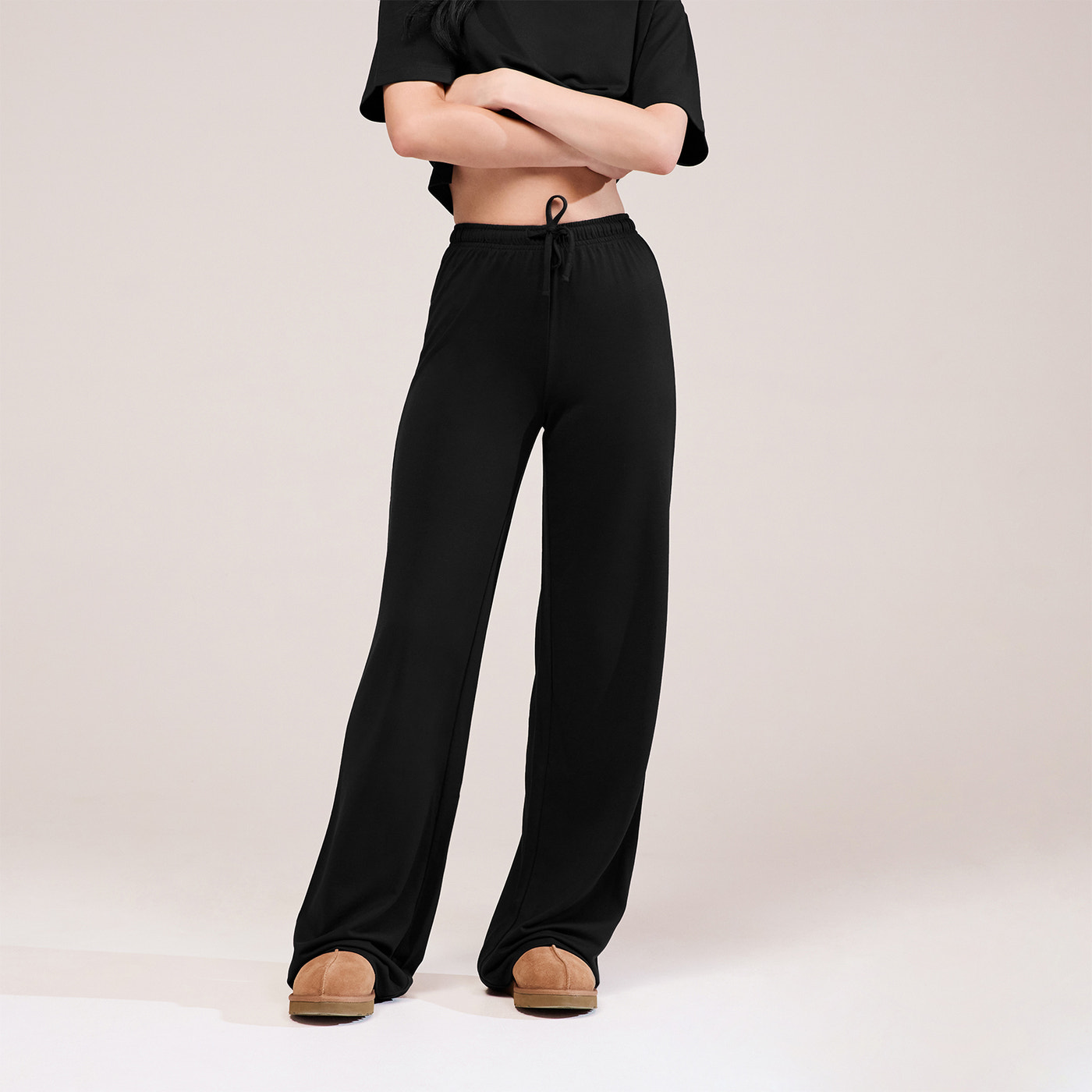Soft Touch Wide Leg Lounge Set - Black
