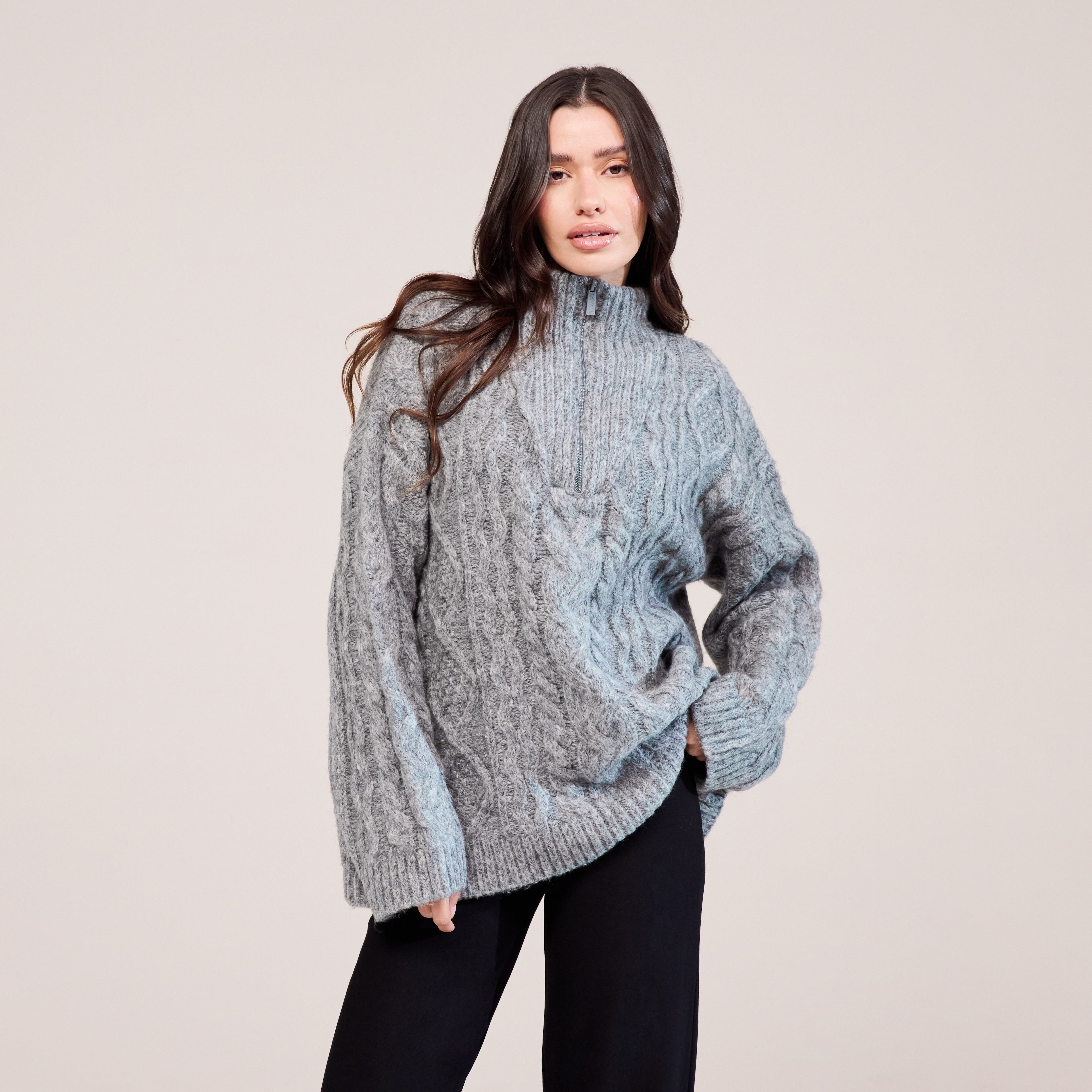 Cable Knit 1/4 Zip Jumper - Dark grey