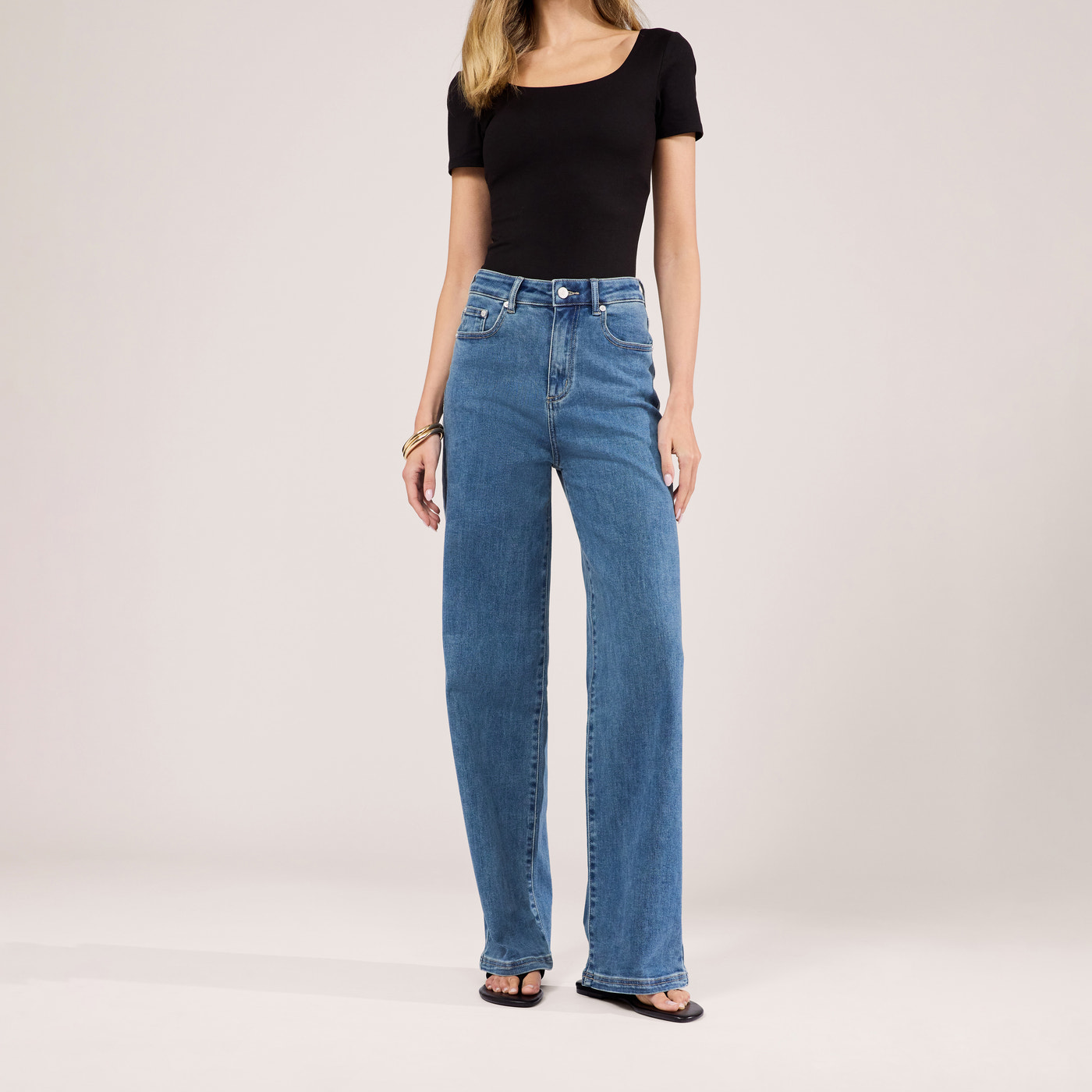 Stretch Wide Leg Jeans - Mid Blue
