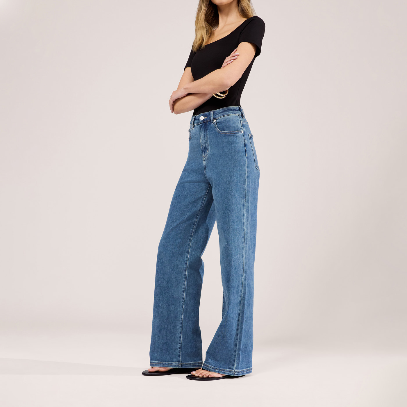 Stretch Wide Leg Jeans - Mid Blue