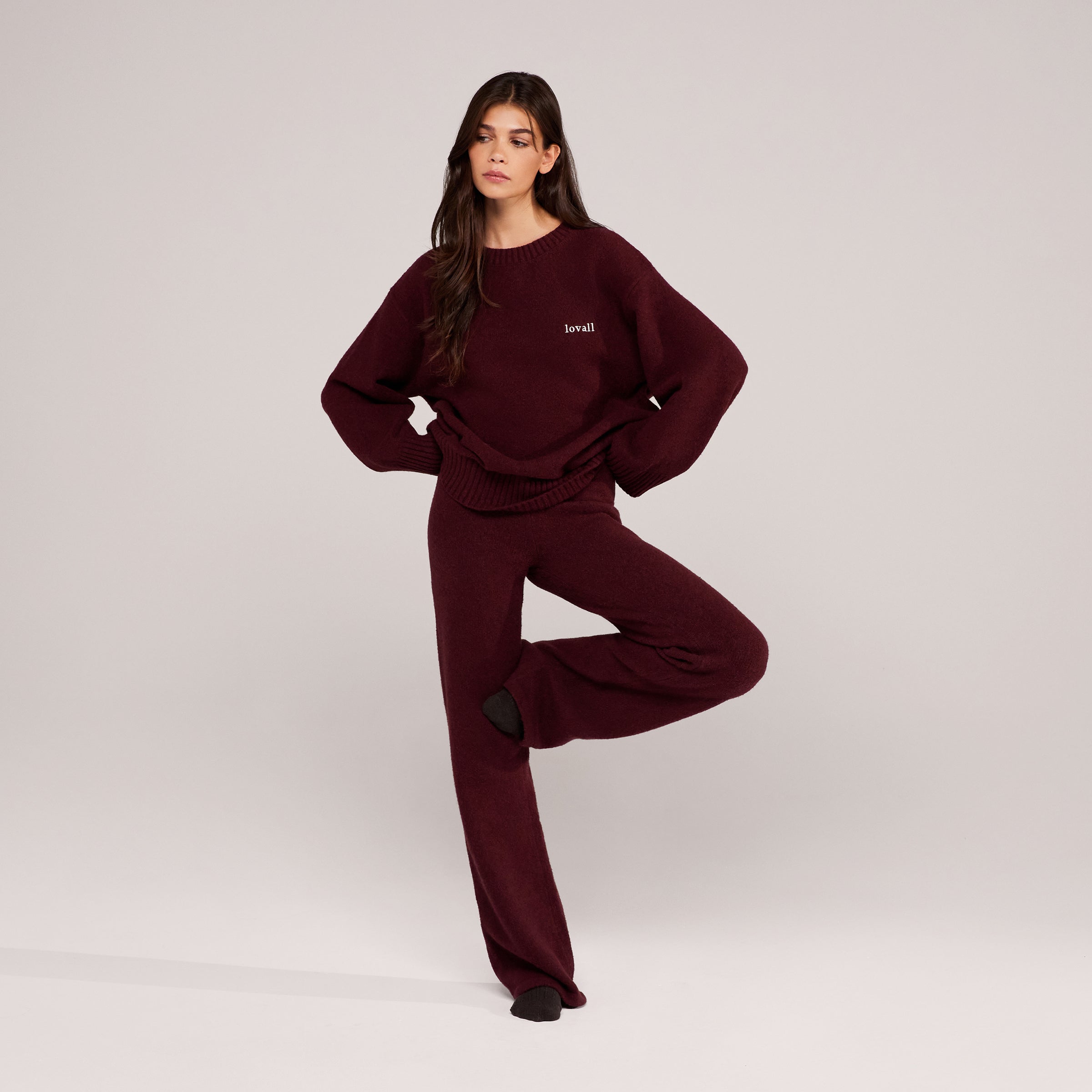 Wide Leg Knit Trousers - Burgundy