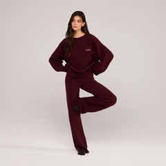 Wide Leg Knit Trousers - Burgundy