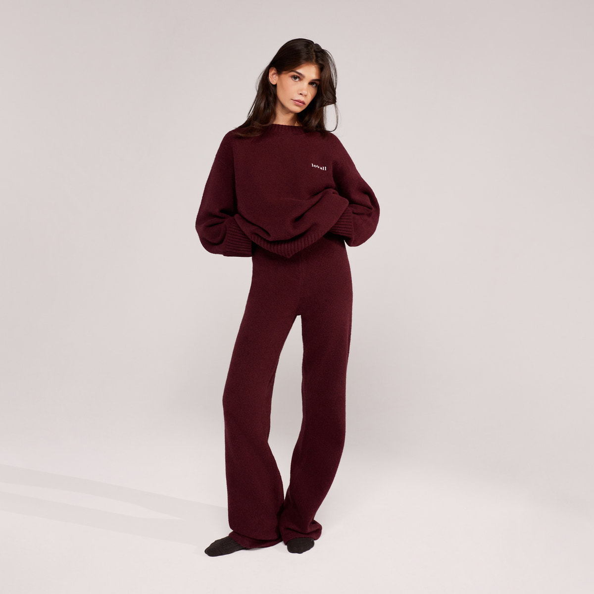 Wide Leg Knit Trousers - Burgundy