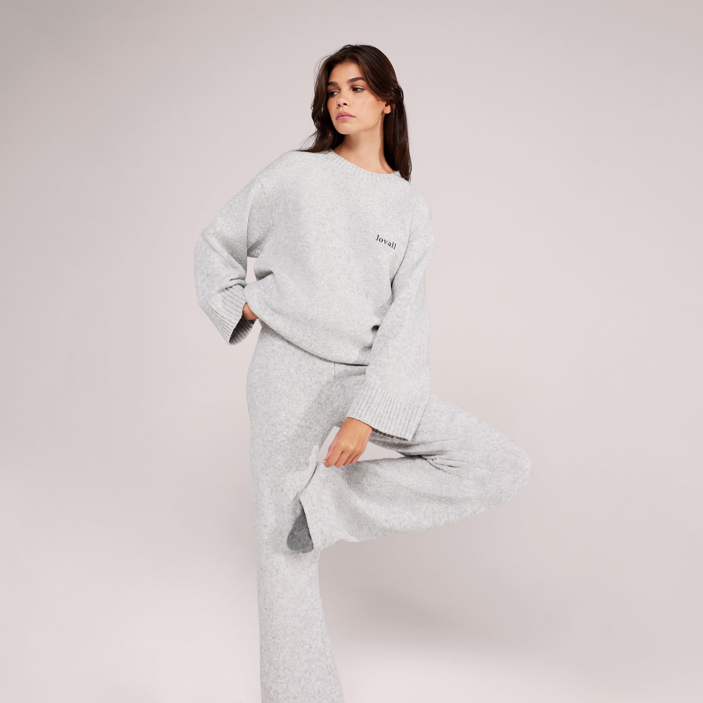 Wide Leg Knit Trousers - Light Grey