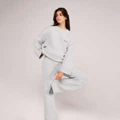 Wide Leg Knit Trousers - Light Grey