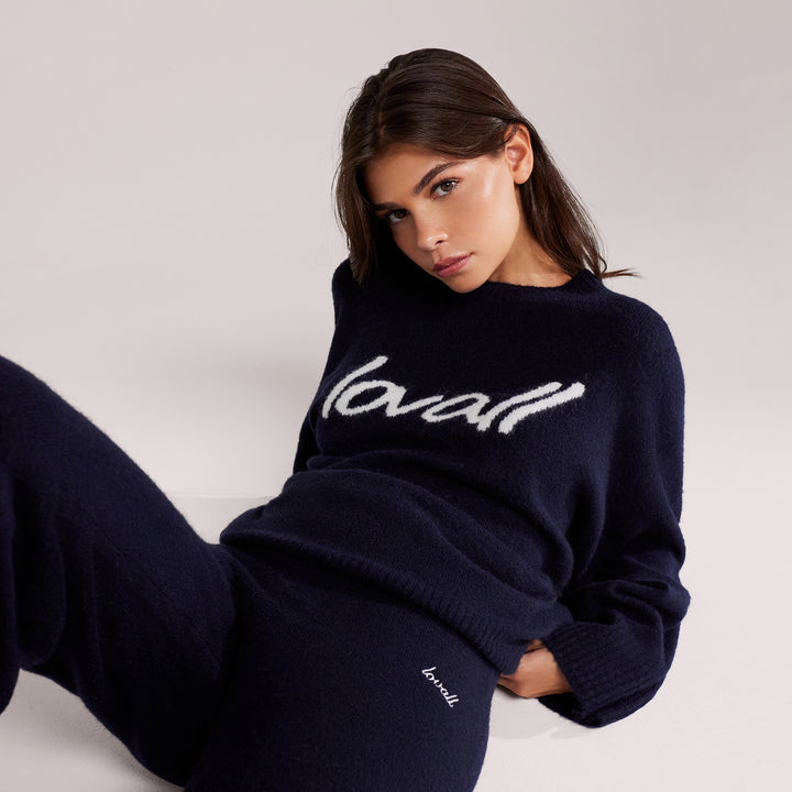 Brushed Knit Script Oversized Jumper - Navy