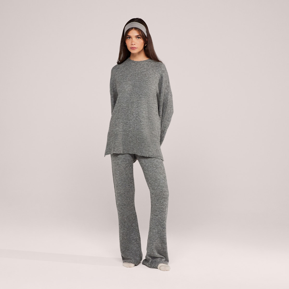 Brushed Knit Split Hem Oversized Jumper - Grey
