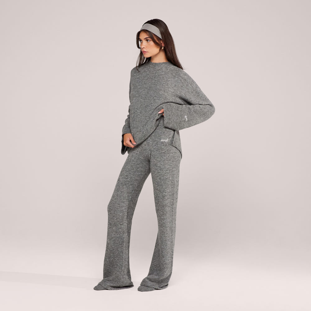 Brushed Knit Wide Leg Trousers - Grey