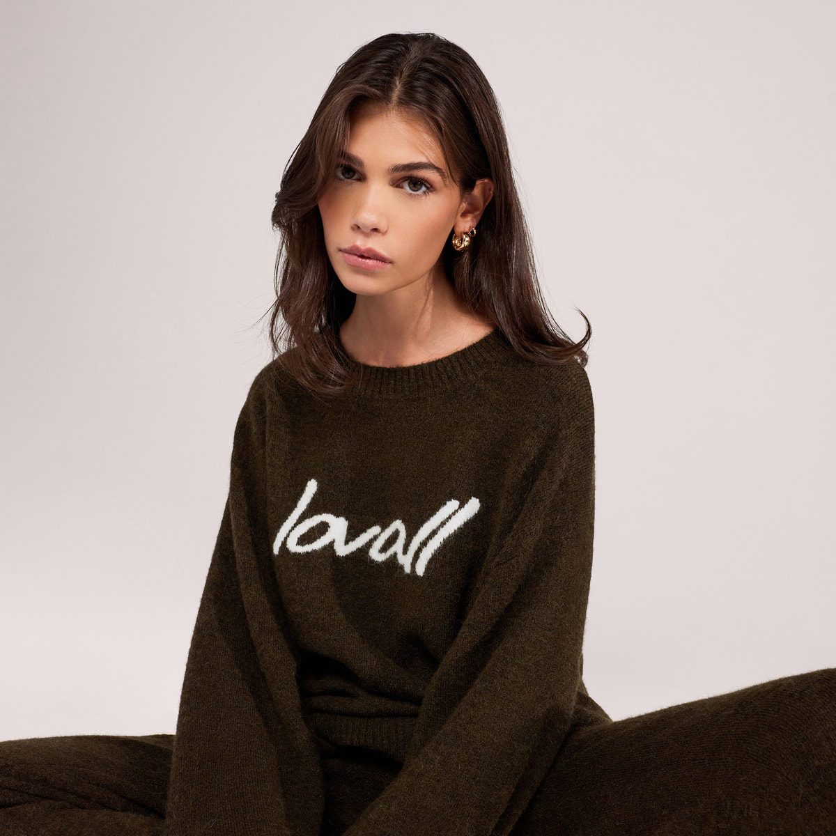 Brushed Knit Script Oversized Jumper - Deep Olive