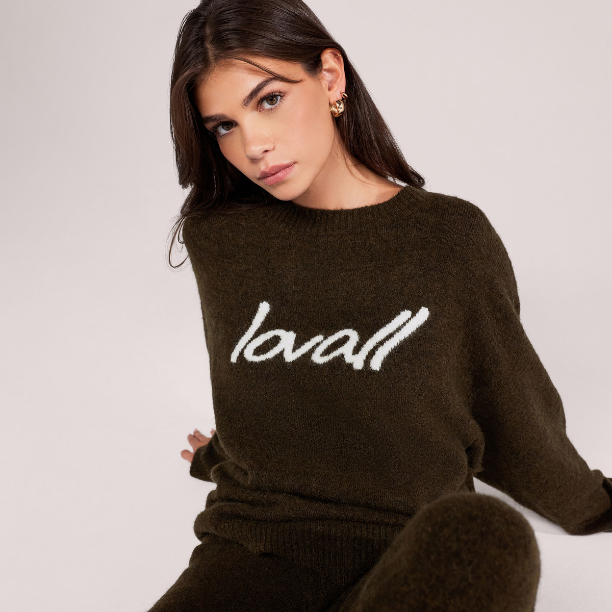 Brushed Knit Script Oversized Jumper - Deep Olive