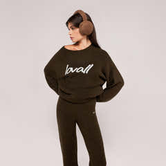 Brushed Knit Script Oversized Jumper - Deep Olive