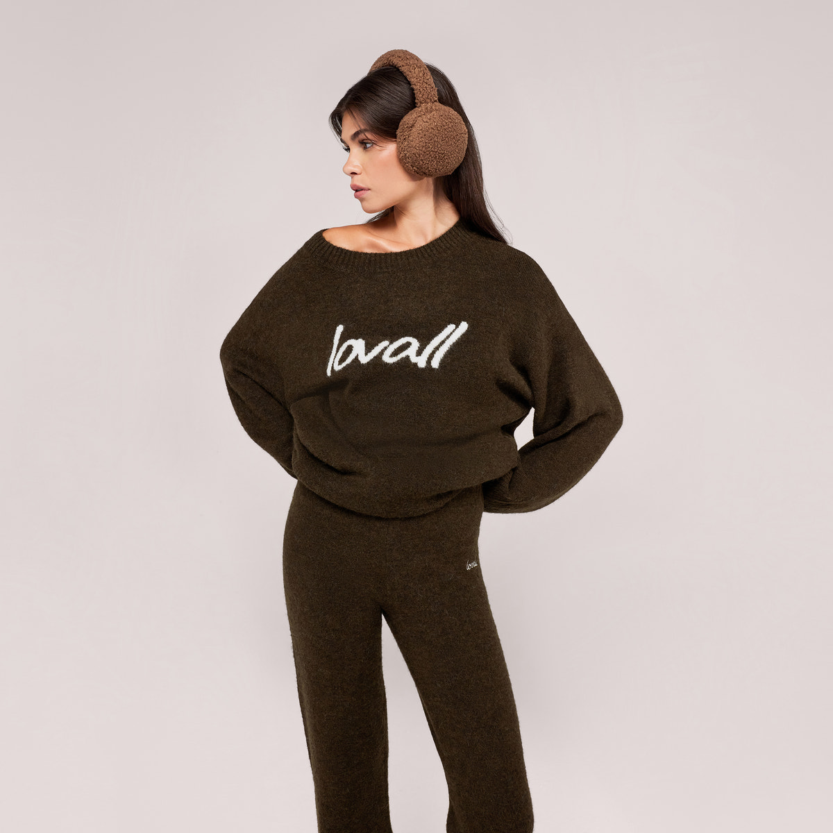 Brushed Knit Script Oversized Jumper - Deep Olive