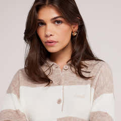 Brushed Knit Oversized Polo Jumper - Beige Stripe