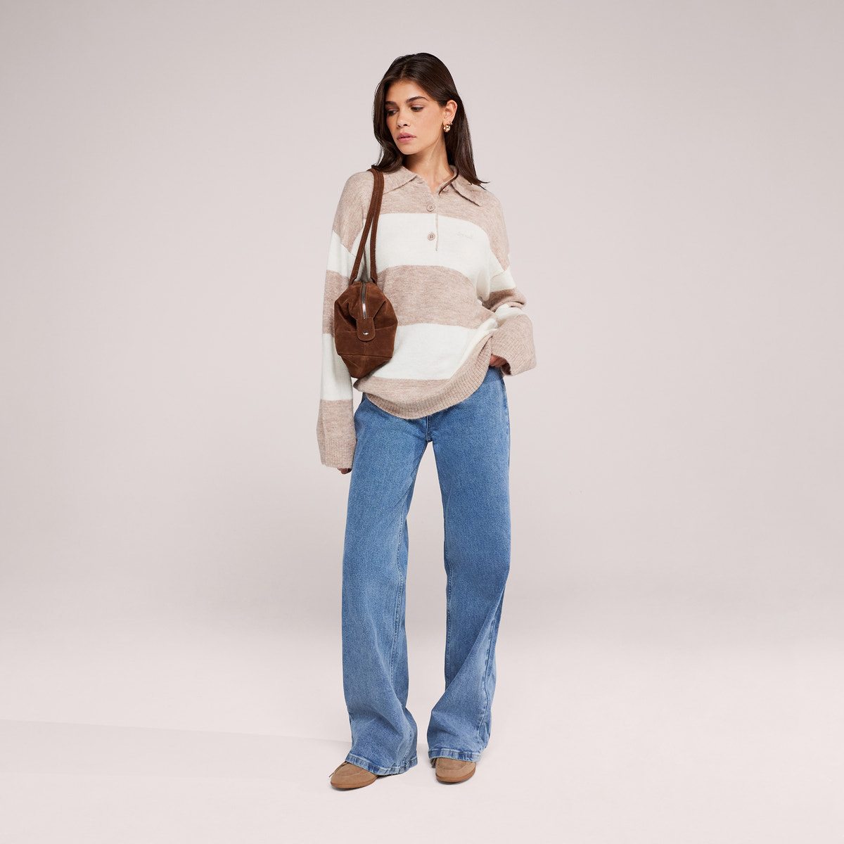 Brushed Knit Oversized Polo Jumper - Beige Stripe
