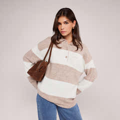 Brushed Knit Oversized Polo Jumper - Beige Stripe