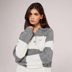 Brushed Knit Oversized Polo Jumper - Grey Stripe