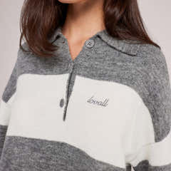 Brushed Knit Oversized Polo Jumper - Grey Stripe