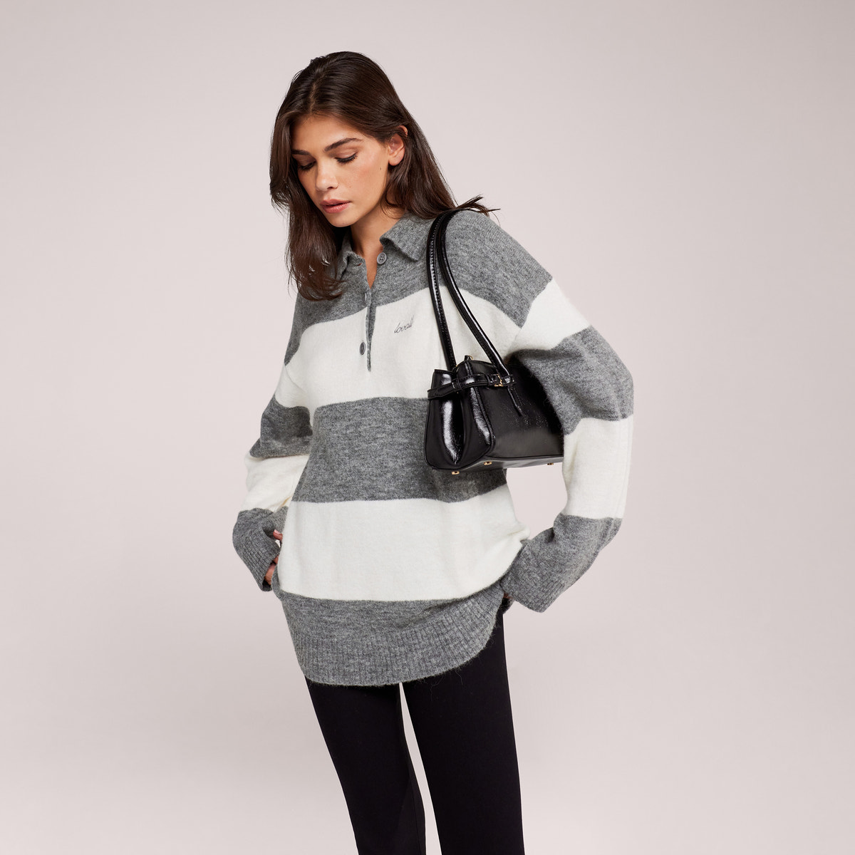 Brushed Knit Oversized Polo Jumper - Grey Stripe
