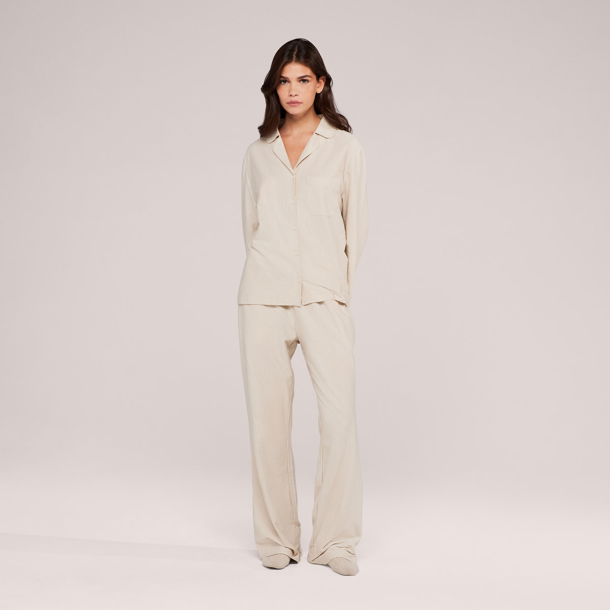 Organic Cotton Button Through Pyjama Top - Neutral Stripe