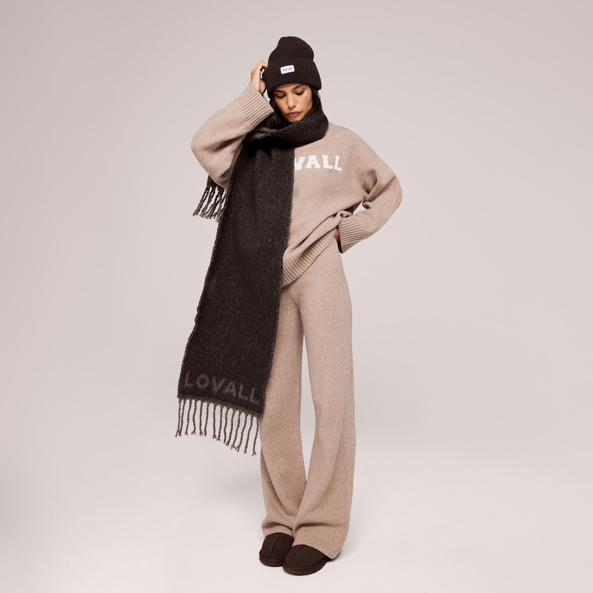 Wide Leg Knit Trousers - Biscuit