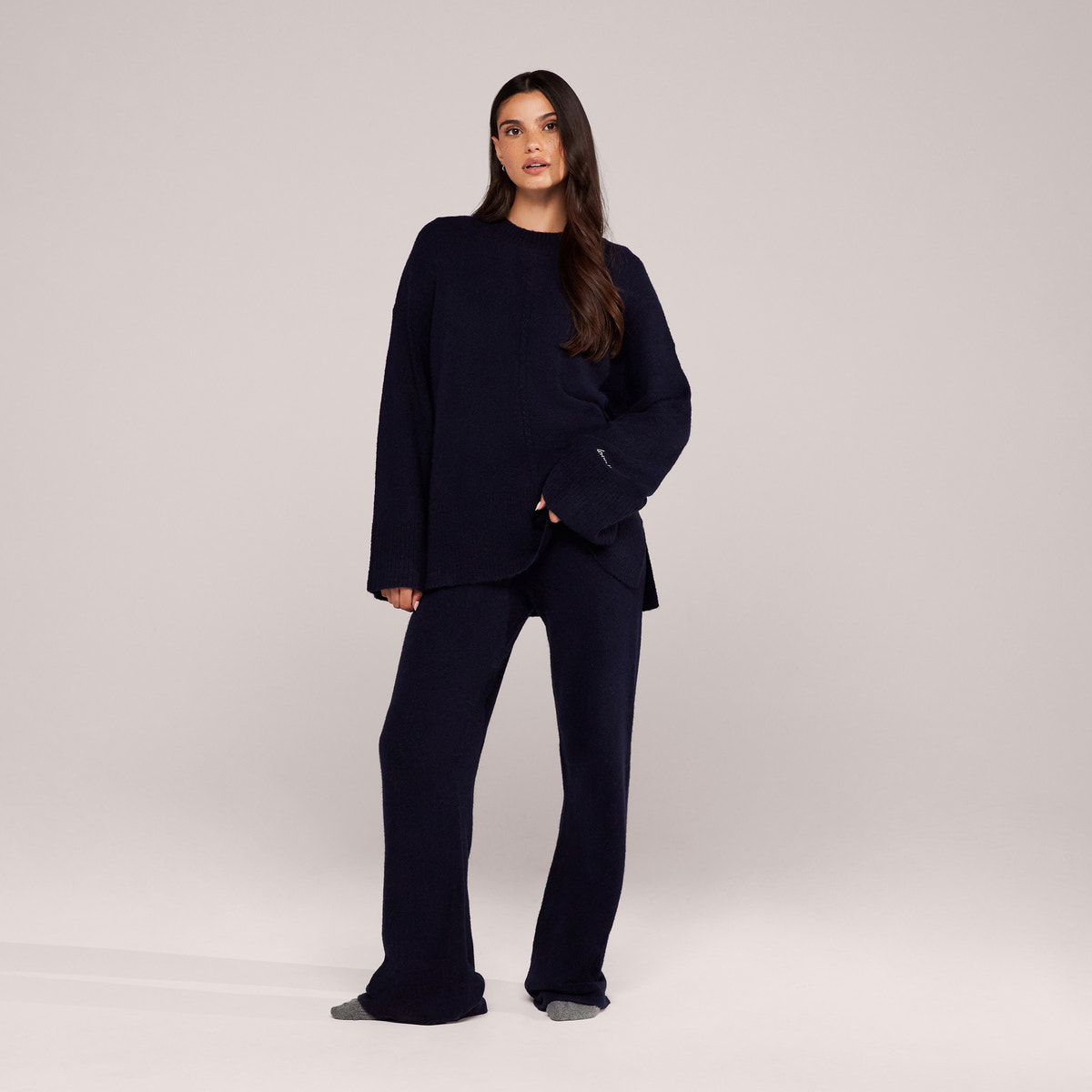 Brushed Knit Split Hem Oversized Jumper - Navy