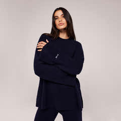 Brushed Knit Split Hem Oversized Jumper - Navy