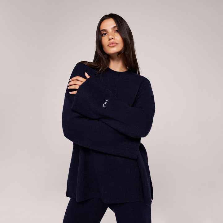 Brushed Knit Split Hem Oversized Jumper - Navy