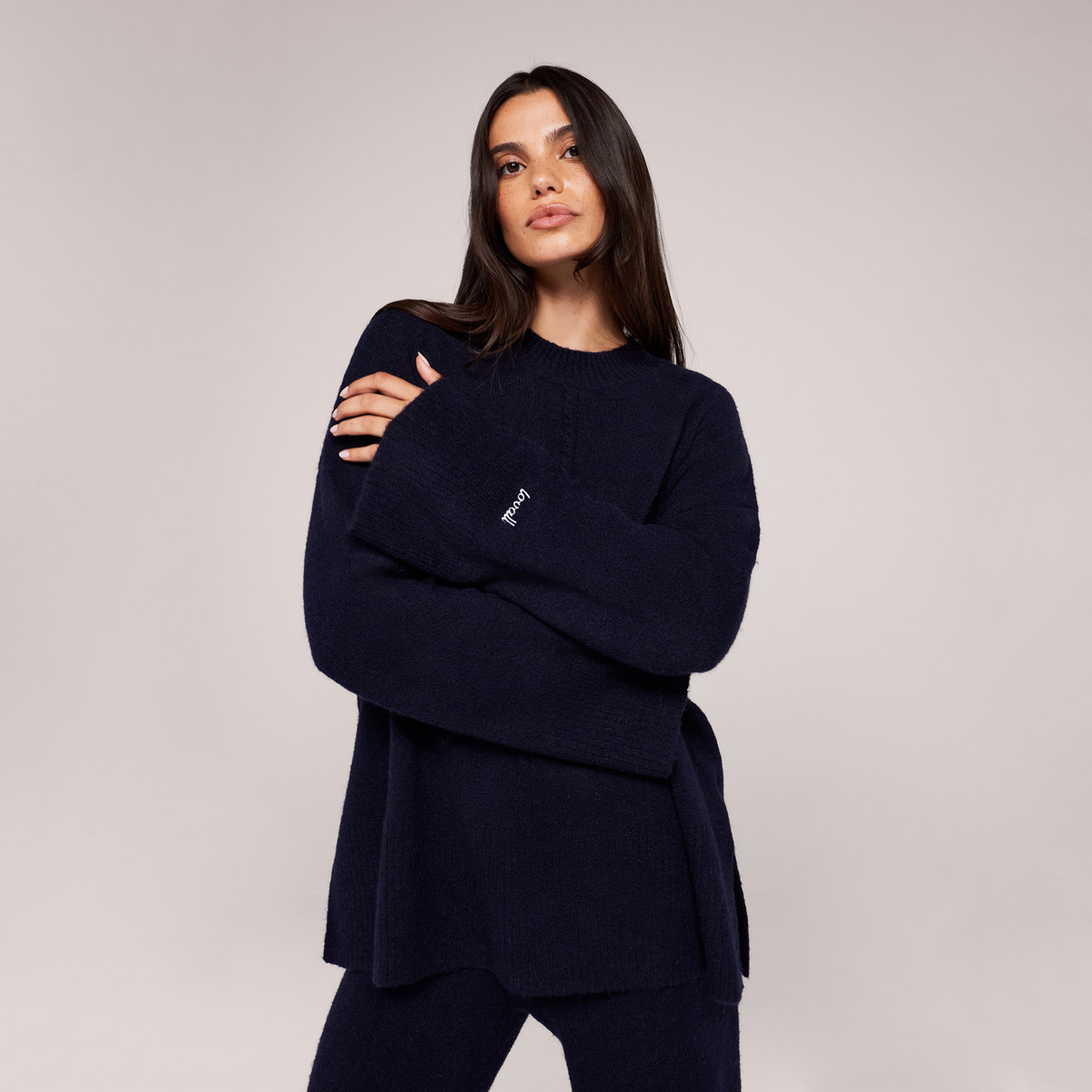 Brushed Knit Split Hem Oversized Jumper - Navy