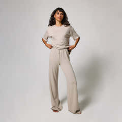 Soft Touch Wide Leg Lounge Set - Oatmeal Beige