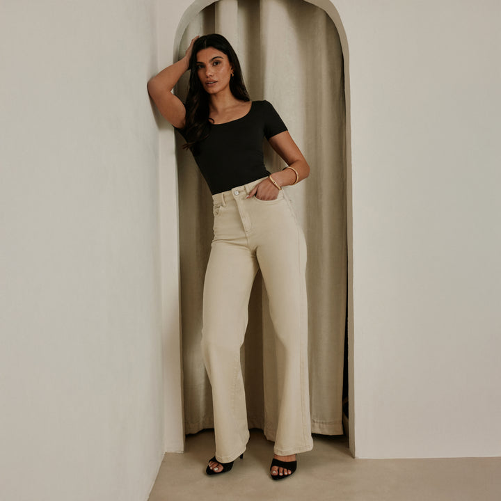 Stretch Wide Leg Jeans - Ecru