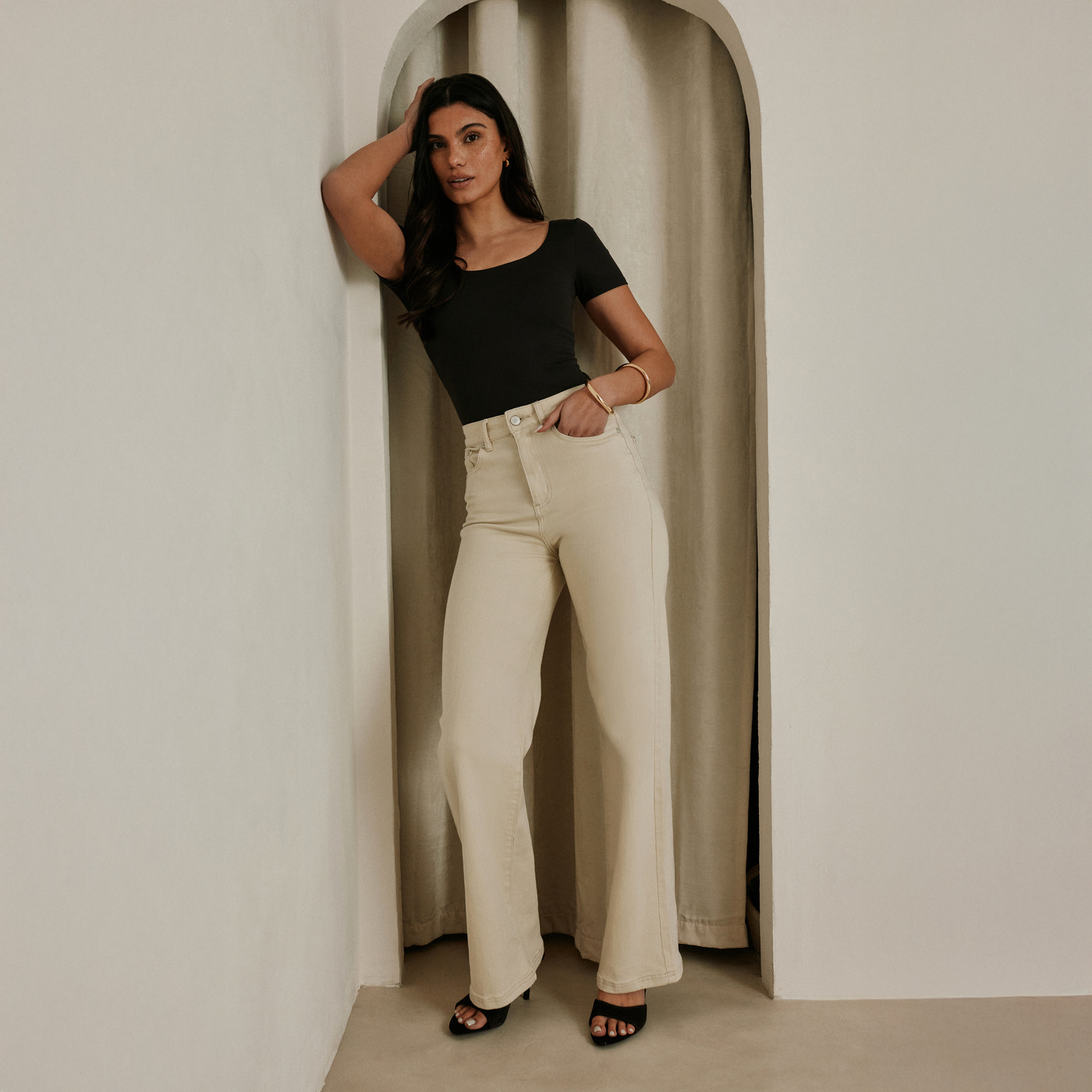 Stretch Wide Leg Jeans - Ecru